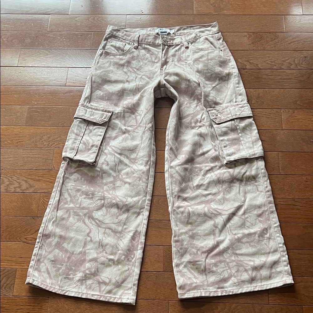 💕REFRAIN WIDE LEG CAMO CARGO JEAN-TREE CAMO PRINT-CREAM-9💕